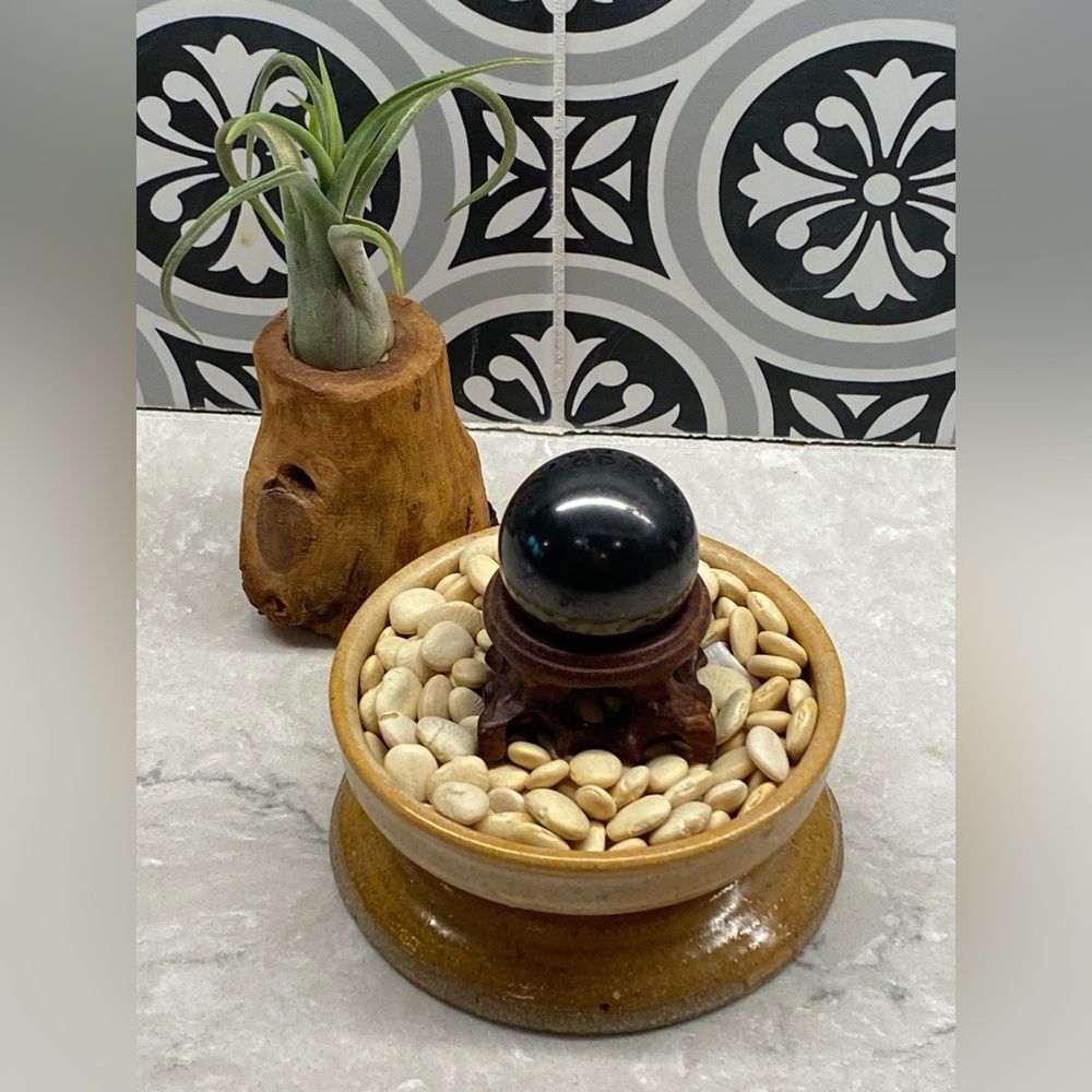 Crystal Gemstone  Black Sphere and Carved Wooden Stand